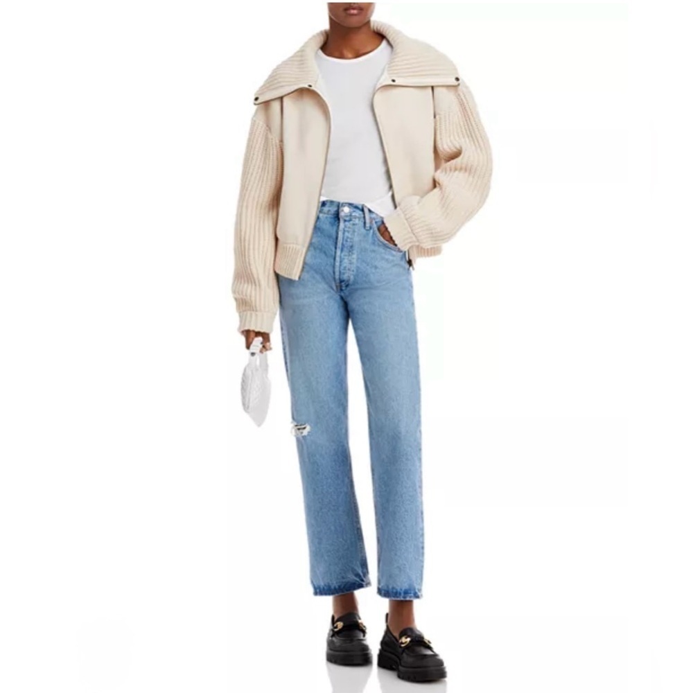 Essentiel Antwerp “California” Knit-Sleeve Bomber Jacket Cream Size L